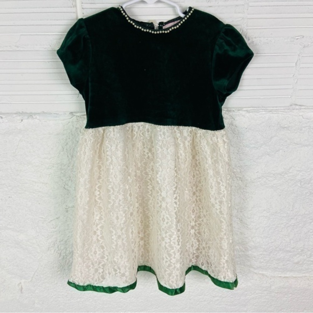 LM Collection Dark Green Velvet lace Dress with Pearl Trim size 5